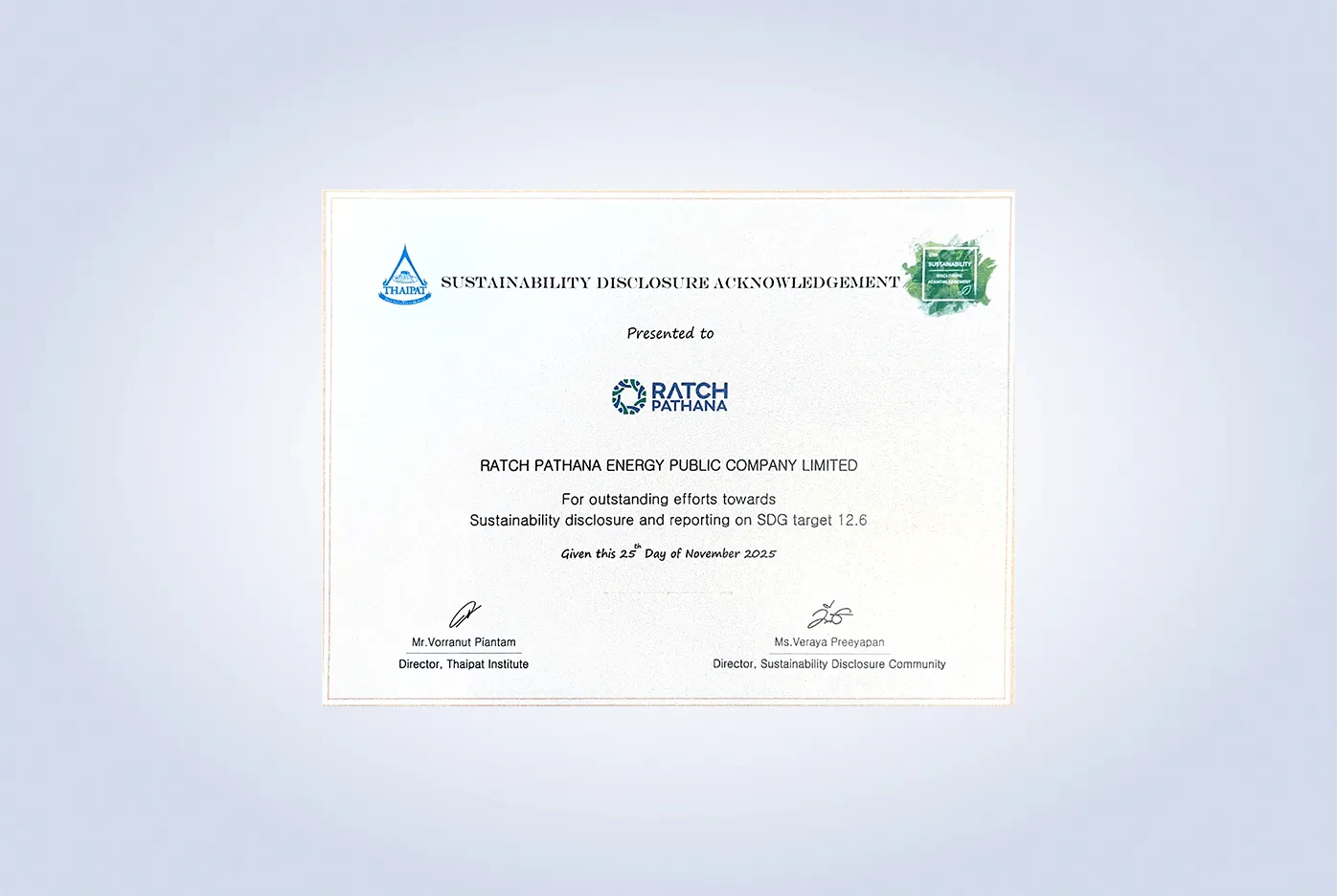 Ratch Pathana Energy Public Company Limited (“SCG”) received an AAA Sustainability Stock Rating from the Corporate Governance Survey of Listed Companies 2025