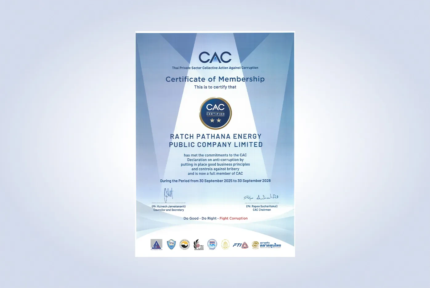 Ratch Pathana Energy Public Company Limited received a certification of membership in Thailand’s Private Sector Collective Action Against Corruption (CAC), demonstrating its commitment to conducting business with integrity, transparency, and strong anti-corruption practices